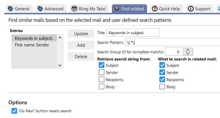 Find related emails - Settings